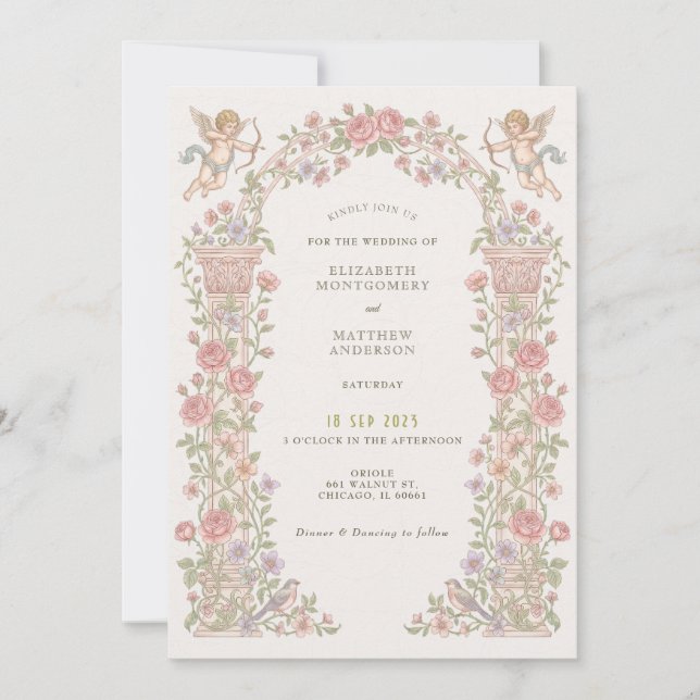 Vintage Floral Cherub Wedding Invitation (Front)