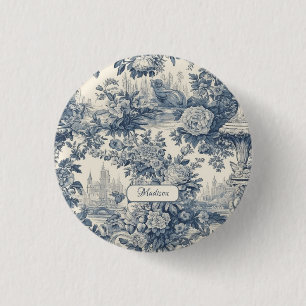 Vintage floral chic Blue toile de jouy monogram 1 Inch Round Button