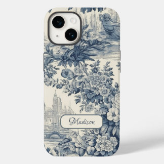 Vintage floral chic Blue toile de jouy monogram Case-Mate iPhone 14 Case