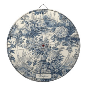 Vintage floral chic Blue toile de jouy monogram Dartboard