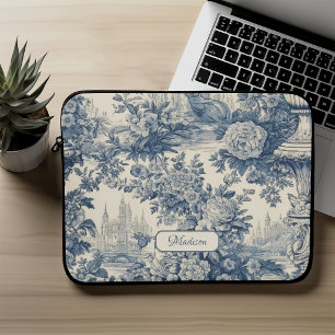 Vintage floral chic Blue toile de jouy monogram Laptop Sleeve