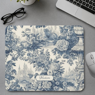 Vintage floral chic Blue toile de jouy monogram Mouse Pad