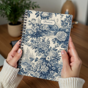 Vintage floral chic Blue toile de jouy monogram Notebook