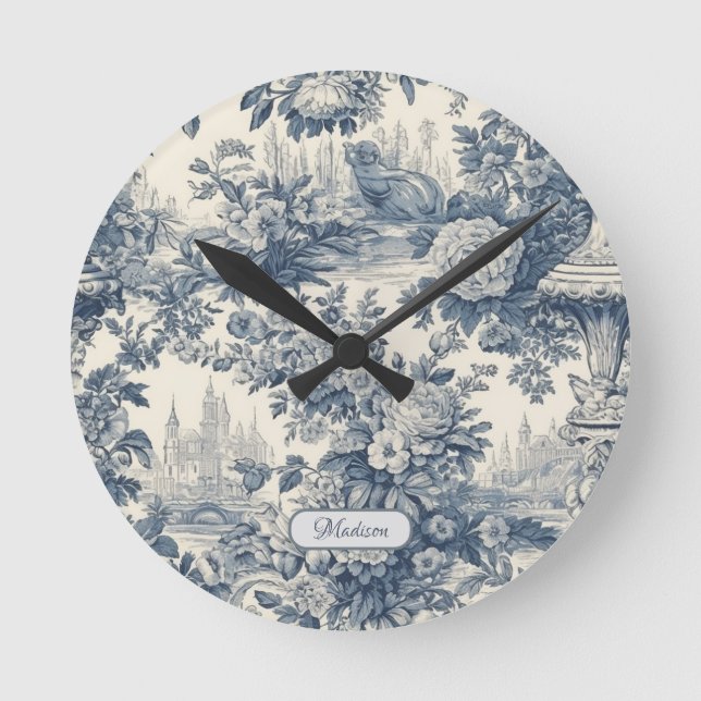 Vintage floral chic Blue toile de jouy monogram Round Clock (Front)