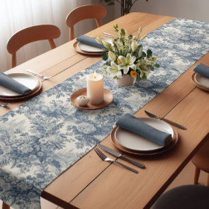 Vintage floral chic Blue toile de jouy monogram Short Table Runner