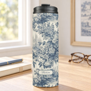 Vintage floral chic Blue toile de jouy monogram Thermal Tumbler