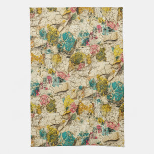 Vintage Floral Collage with Aged Paper Texture Kitchen Towel