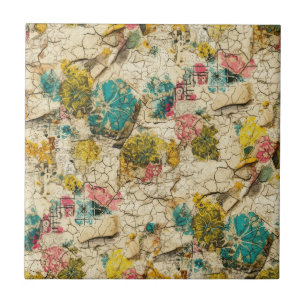 Vintage Floral Collage with Aged Paper Texture Tile