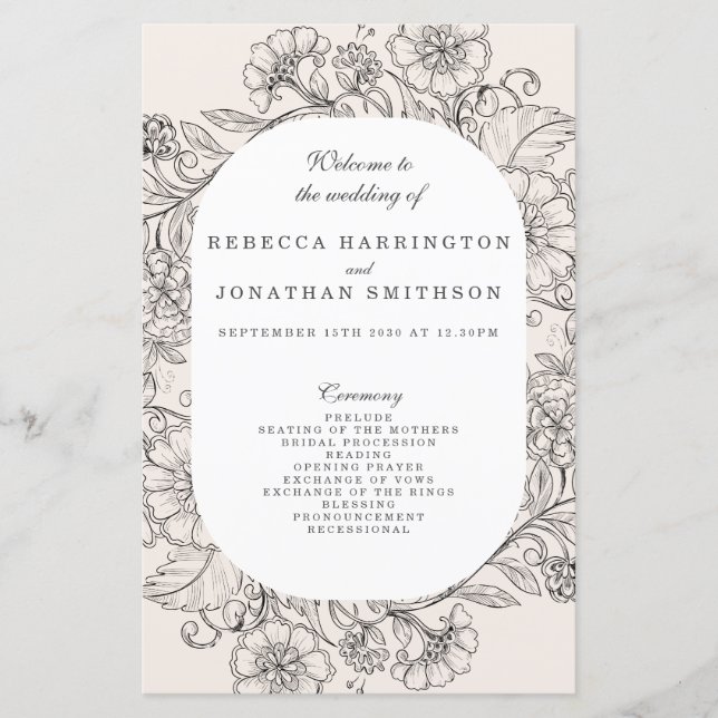 Vintage Floral Cream Wedding Programme (Devant)