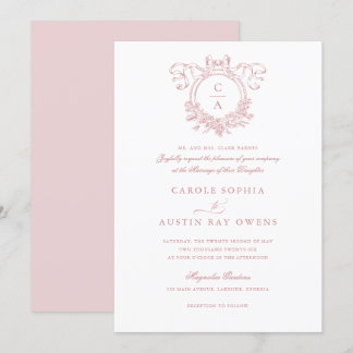 Vintage Floral Crest Blush Bow Ribbon Wedding Invitation