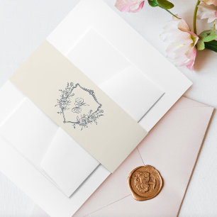 Vintage Floral Crest Cream & Navy Monogram Wedding Invitation Belly Band