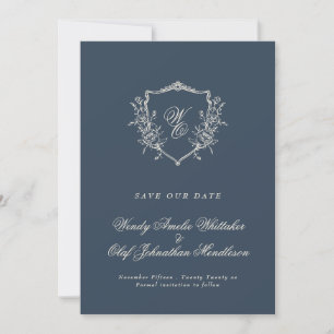 Vintage Floral Crest Navy & Cream Monogram Photo Save The Date