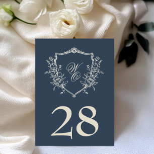 Vintage Floral Crest Navy & Cream Monogram Wedding Table Number