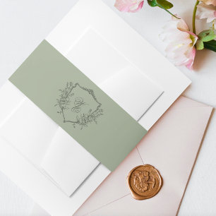 Vintage Floral Crest olive sage Monogram Wedding Invitation Belly Band