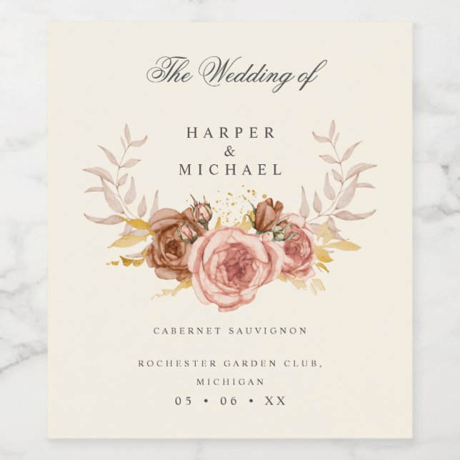 vintage floral crest personalized wedding wine label (Single Label)