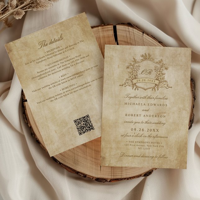 Vintage Floral Crest QR Code All-In-One Wedding Invitation (Creator Uploaded)