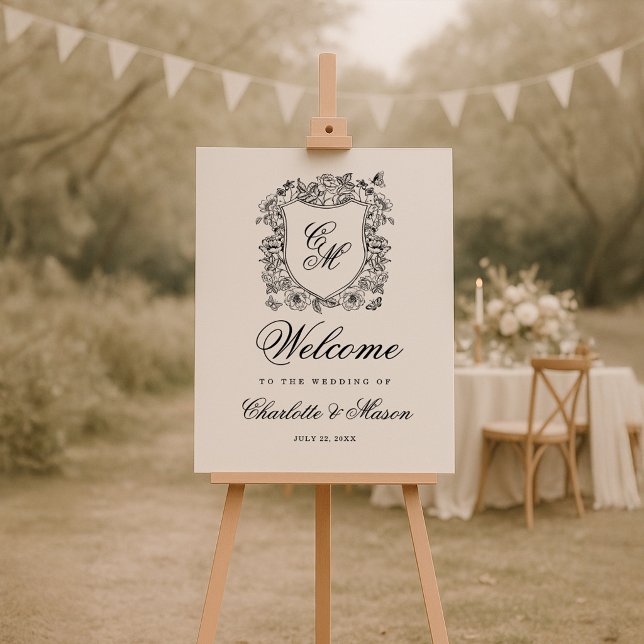Vintage Floral Crest Wedding Monogram Welcome Poster (Creator Uploaded)