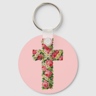 Vintage Floral Cross Keychain