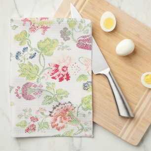 Vintage Floral Cross Stitch Style Flower Kitchen Towel