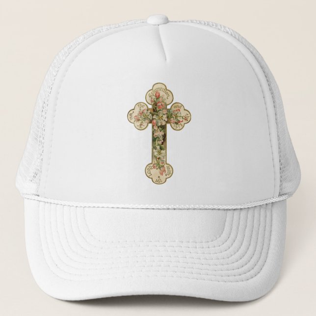 Vintage Floral Cross Trucker Hat (Front)