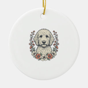 Vintage Floral Curly Dog Portrait T-Shirt Design_1 Ceramic Ornament