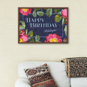 Vintage Floral Custom Name Birthday Gift Blue Poster