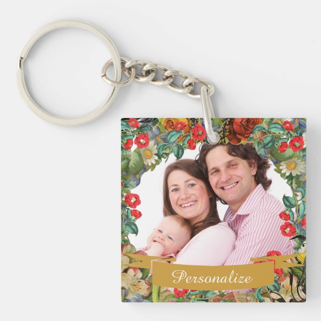 Vintage Floral Custom Photo Personalised Keychain (Front)