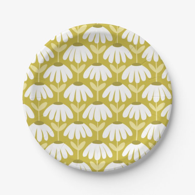 Vintage Floral Daisies Pattern Olive/Mustard Green Paper Plate (Front)