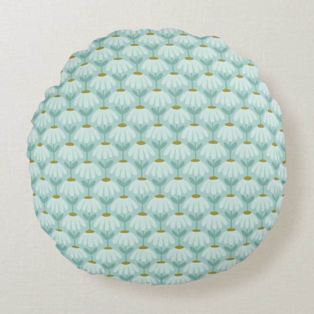 Vintage Floral Daisies Pattern Teal Blue & Olive Round Pillow (Front)