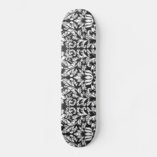 Vintage Floral Damask Black and White Skateboard