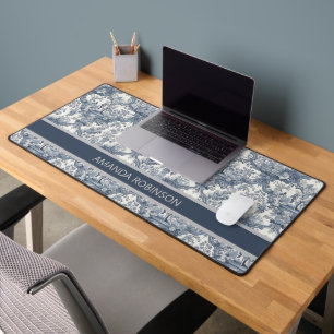 Vintage floral damask Blue toile de jouy monogram Desk Mat
