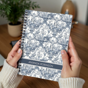 Vintage floral damask Blue toile de jouy monogram Notebook