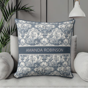 Vintage floral damask Blue toile de jouy monogram Throw Pillow