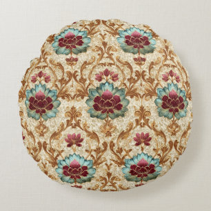 Vintage Floral Damask in Turquoise and Burgundy Round Pillow