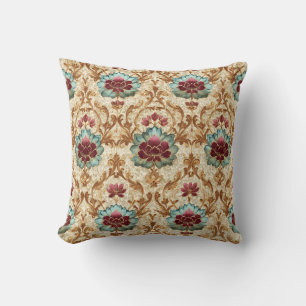 Vintage Floral Damask in Turquoise and Burgundy Throw Pillow