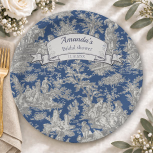 Vintage floral dark blue toile de jouy shower paper plate
