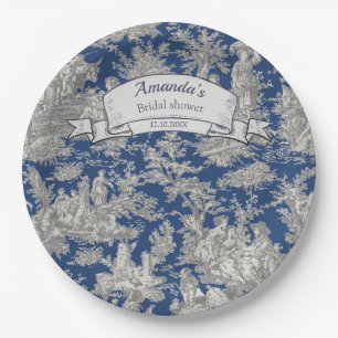 Vintage floral dark blue toile de jouy shower paper plate