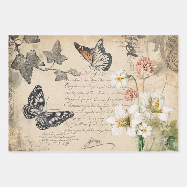 Vintage Floral Decoupage  Wrapping Paper Sheet (Front)