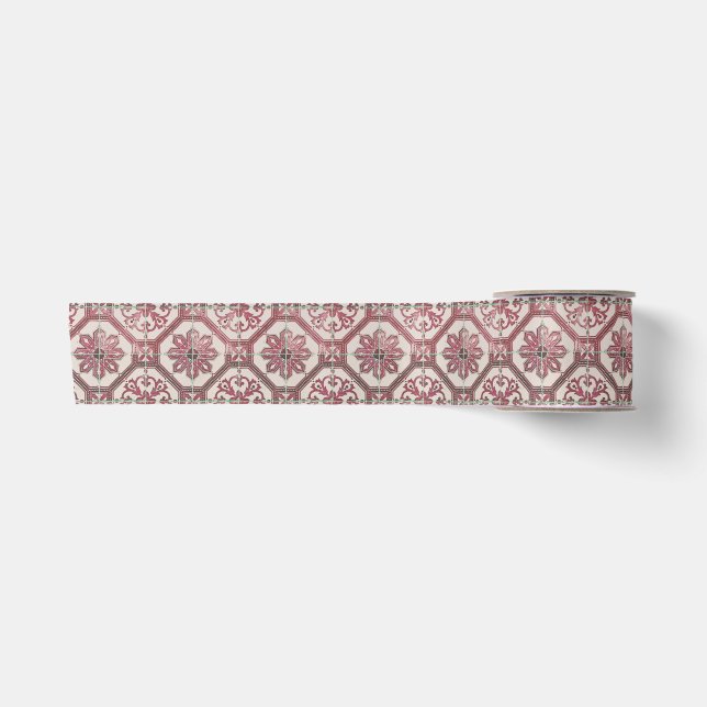 Vintage Floral Delft Pink Tile Satin Ribbon (Front)