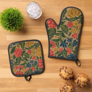 Vintage Floral Designer Garden Artwork Oven Mitt & Pot Holder Set