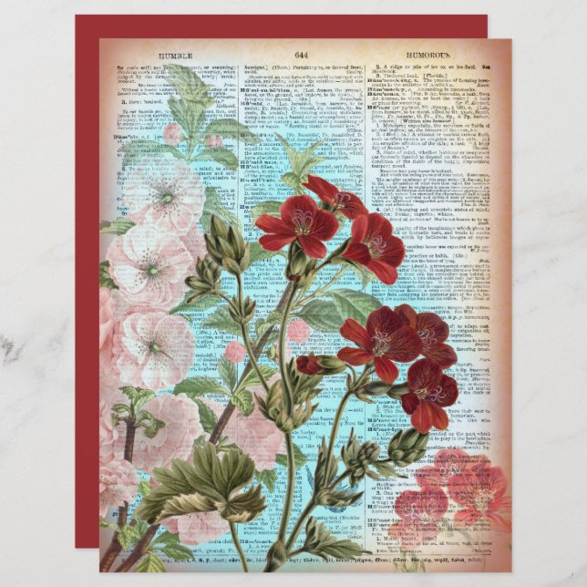 Vintage Floral Dictionary Page Scrapbook Paper (Front/Back)