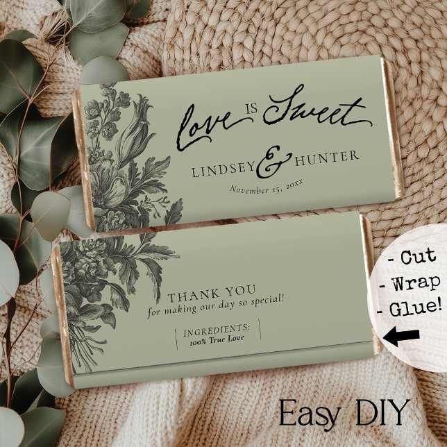 Vintage Floral DIY Chocolate Bar Favour Wrapper (Easy DIY sage green elegant vintage floral Love is Sweet monogram chocolate bar favor paper wrappers)
