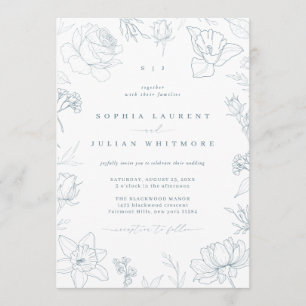 Vintage Floral Dusty Blue Drawn Garden Wedding Invitation