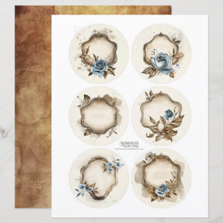 Vintage Floral Dusty Blue Ephemera Labels Set