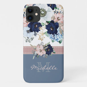 Vintage Floral Dusty Blue Pink Rose Monogram Name iPhone 11 Case