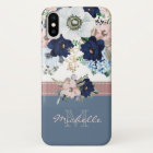 Vintage Floral Dusty Blue Pink Rose Monogram Name