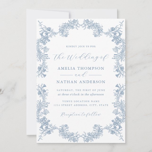 Vintage Floral Dusty Blue Wedding Invitation (Front)