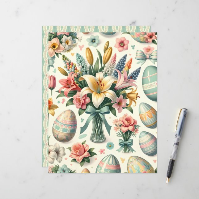 Vintage Floral Easter Scrapbook Paper (Front/Back In Situ)