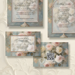 Vintage Floral Elegance Blue Pink Gold Wedding RSVP Card