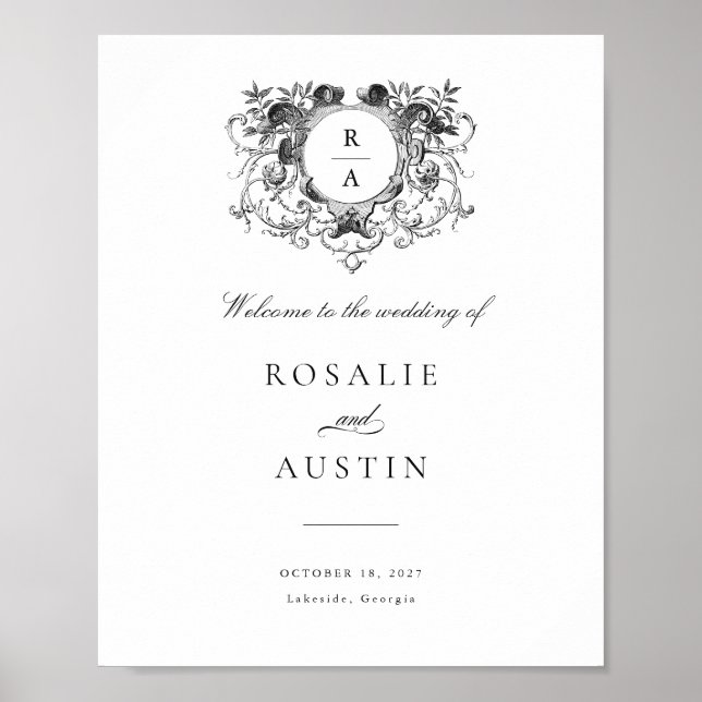 Vintage Floral Elegant Crest Wedding Welcome Sign (Front)